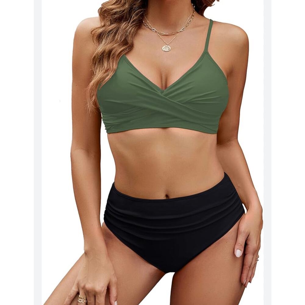 Edelqual High Waisted Bikini Swimsuit Tummy Control V Neck Green & black $30 S